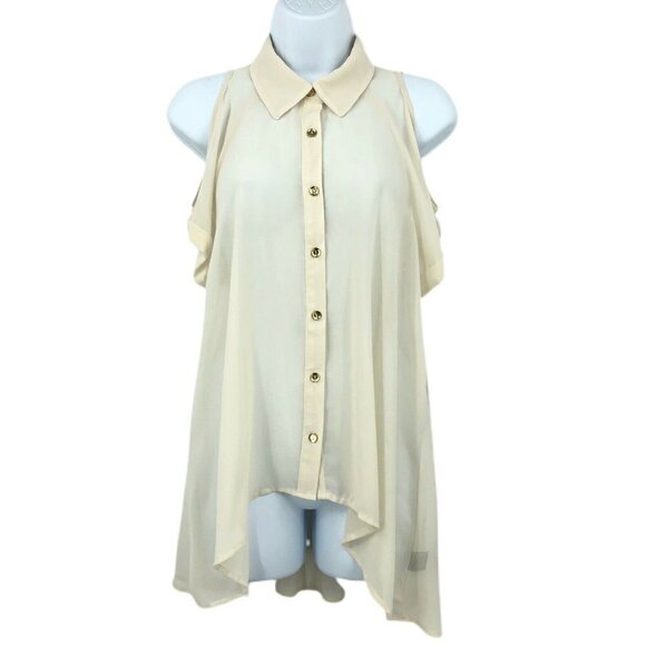Monteau Top Cream Cold Shoulder High Low Sheer Chiffon Button Up Short Sleeve M - Picture 1 of 9